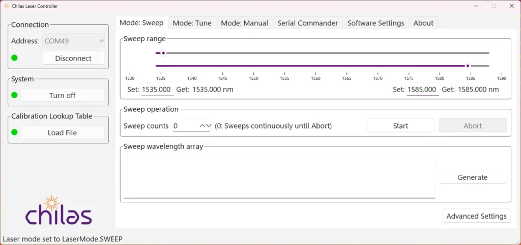 Chilas laser controller software interface in sweeping mode with sweep mode slider and real-time wavelength display