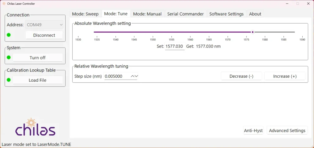Chilas laser controller software interface in tuning mode with absolute wavelength slider, real-time wavelength display, and fine step tuning controls