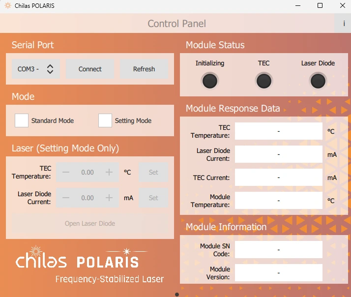 Chilas POLARIS single wavelength laser graphical interface software