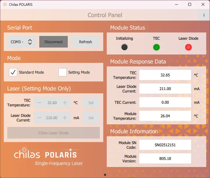 Chilas POLARIS single wavelength laser graphical interface software